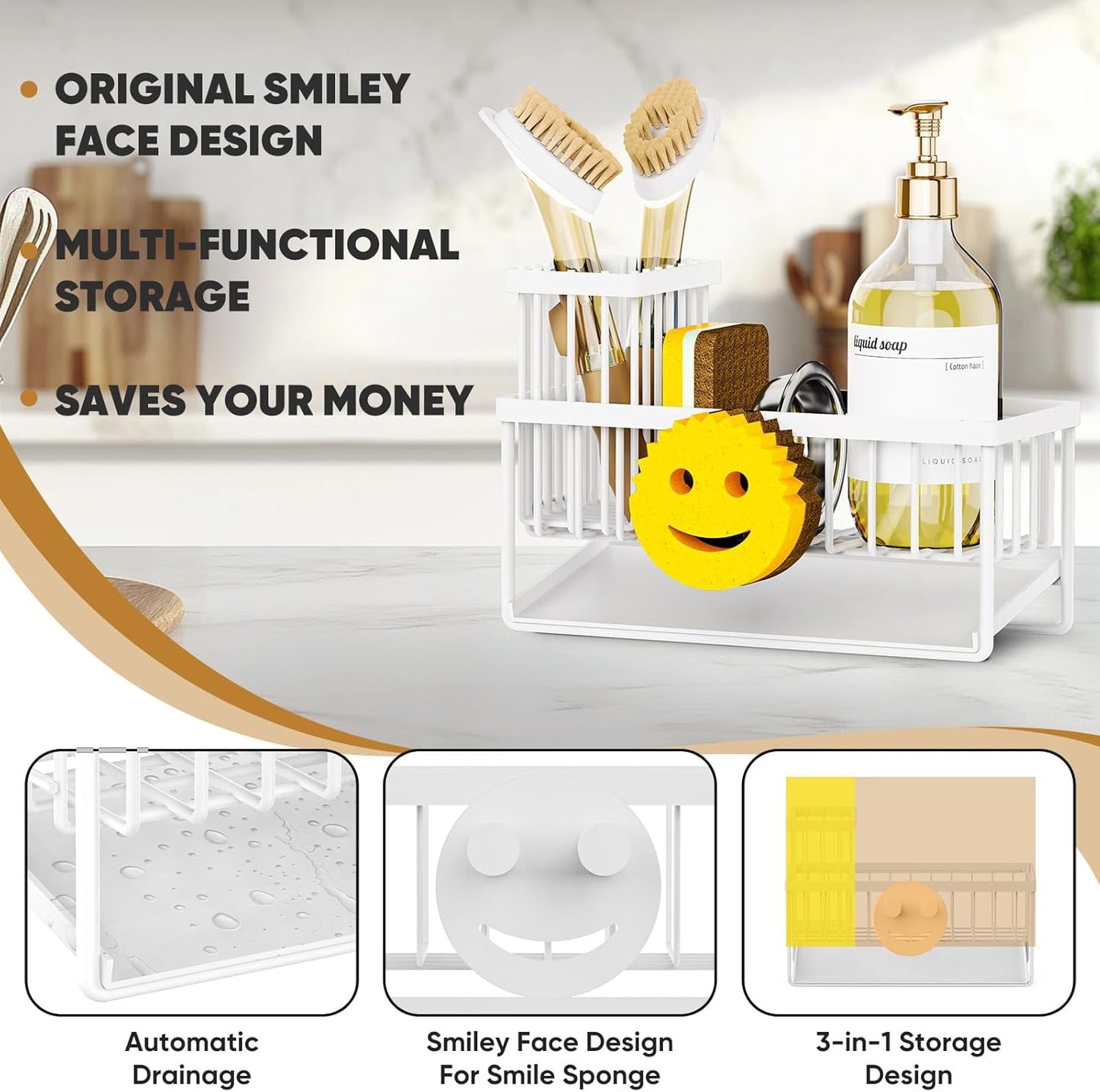 Sponge Holder for Kitchen Sink,Smiley Face Sink Caddy with Removable Brush Holder,Self-Draining