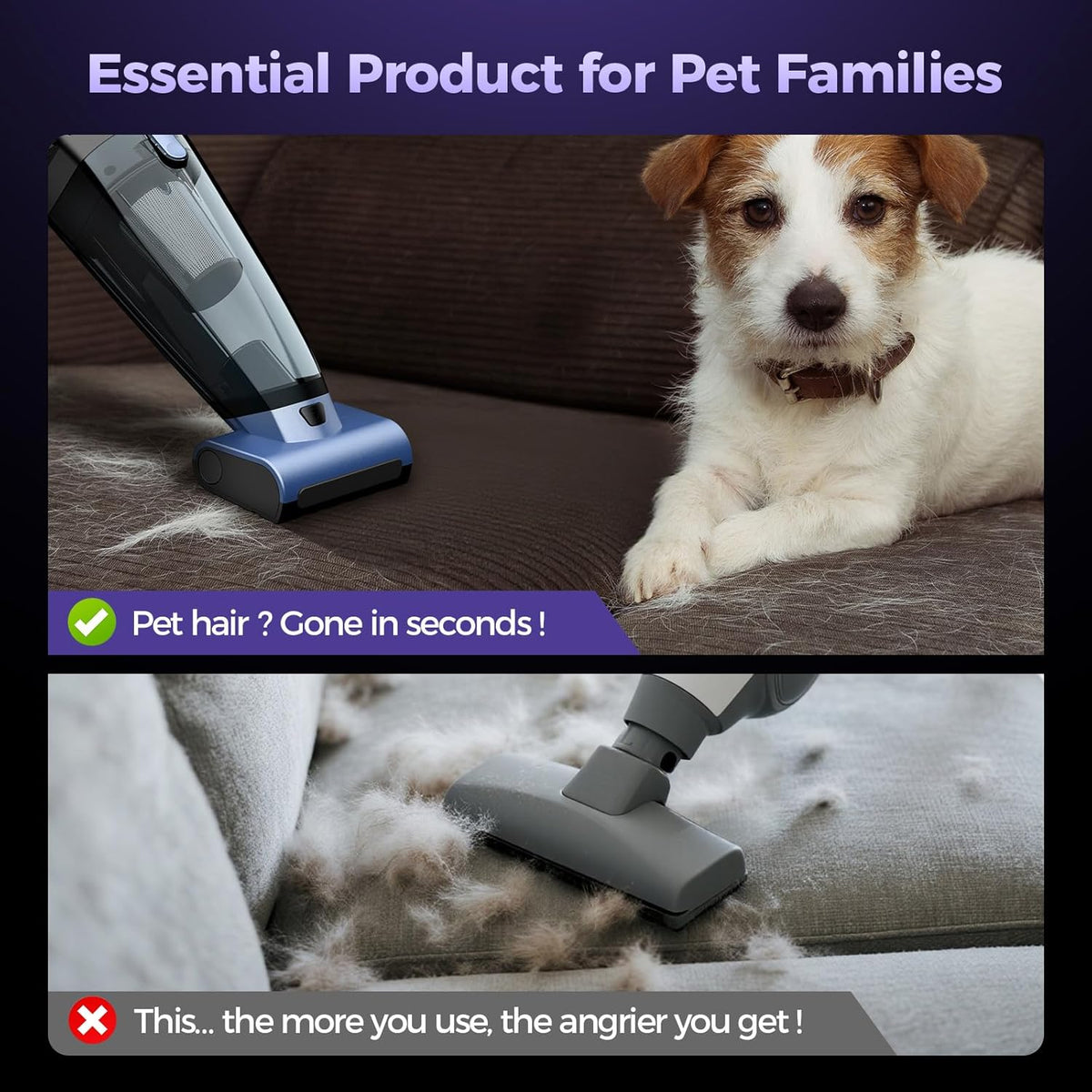 Pet Hair Handheld Vacuum Cordless: 20000PA High Power Car Vacuum with Motorized Brush and LED