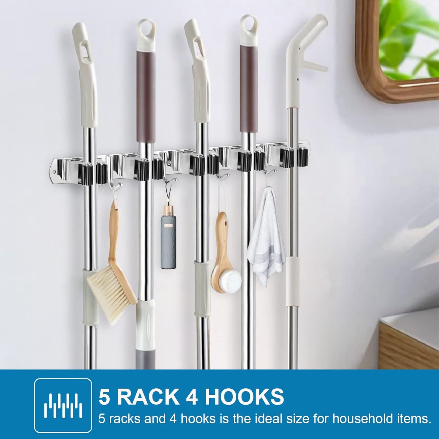 IMILLET 2 Pack Wall Mount Broom Holder Stainless Steel 5 Racks with 4 Hooks Broom Organizer Self
