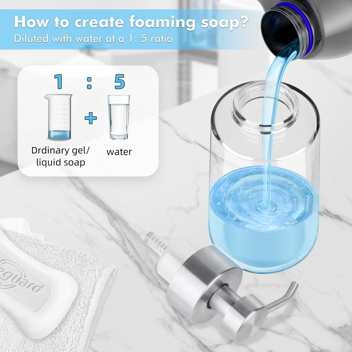Thick Glass Soap Dispenser with Rust Proof Stainless Steel Pump, Clear Foam Soap Dispenser with