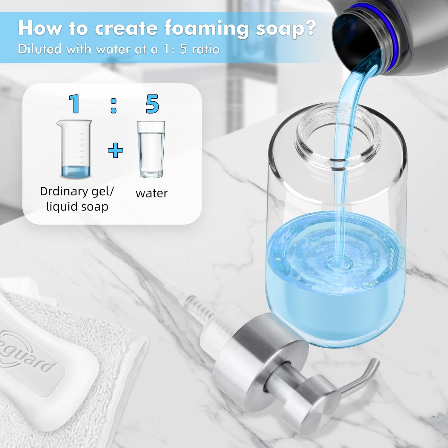Thick Glass Soap Dispenser with Rust Proof Stainless Steel Pump, Clear Foam Soap Dispenser with