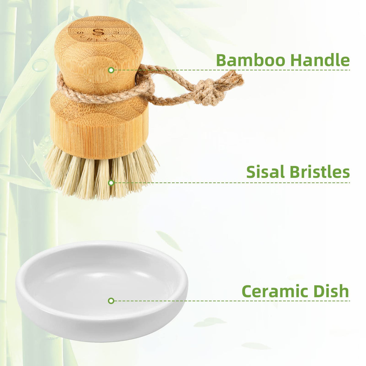 SUBEKYU Bamboo Dish Scrub Brush,Produce Brush,3 Pack with Ceramic Holder