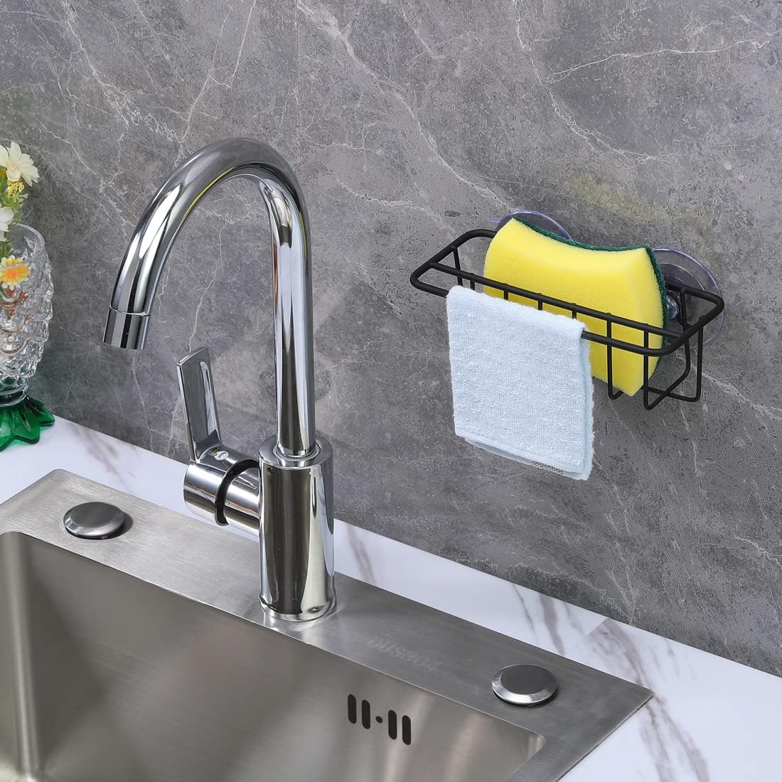 Sink Caddy Sponge Holder for Kitchen Sink Dish Cloth Hanger 2 Suspension Options(Suction Cups and