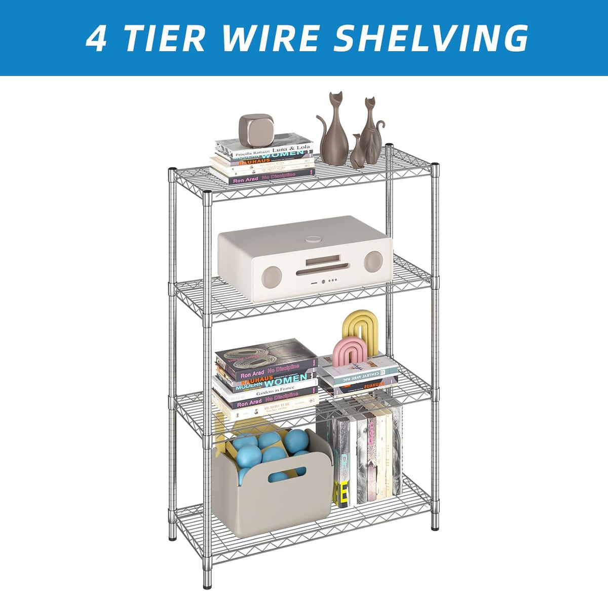4-Shelf Adjustable Metal Shelf Wire Shelving Unit Storage Rack Display Shelf for
