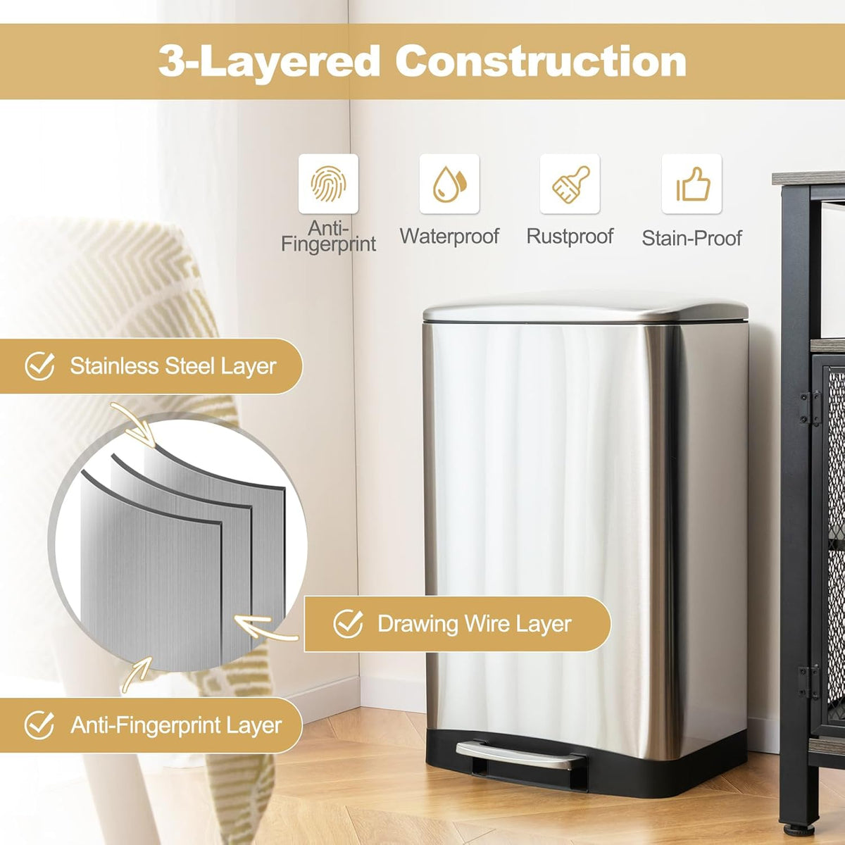 S AFSTAR 13.2 Gal Step Trash Can, 50 Liter Stainless Steel Pedal Trash Bin W/Lock Device & Soft