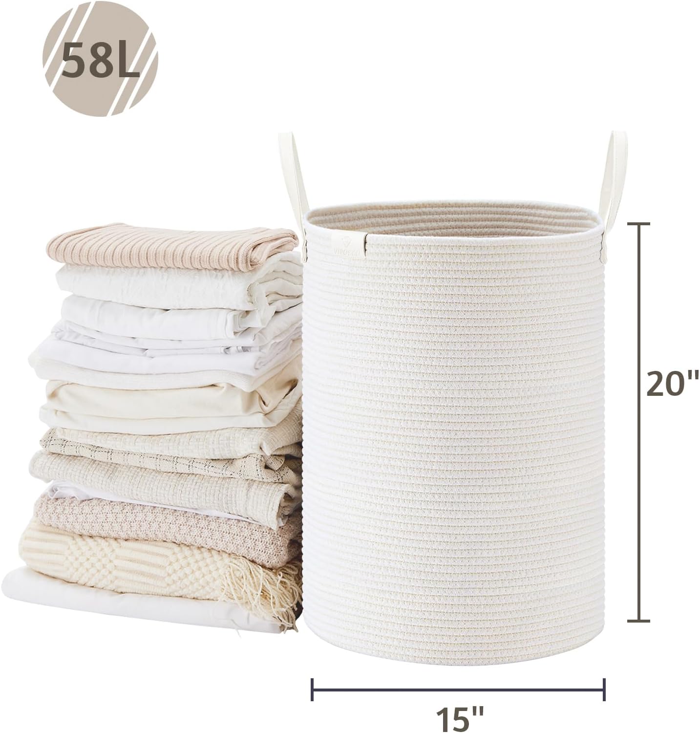 VIPOSCO Tall Laundry Basket, Large Dirty Clothes Hamper with Leather Handle, Woven Rope Storage