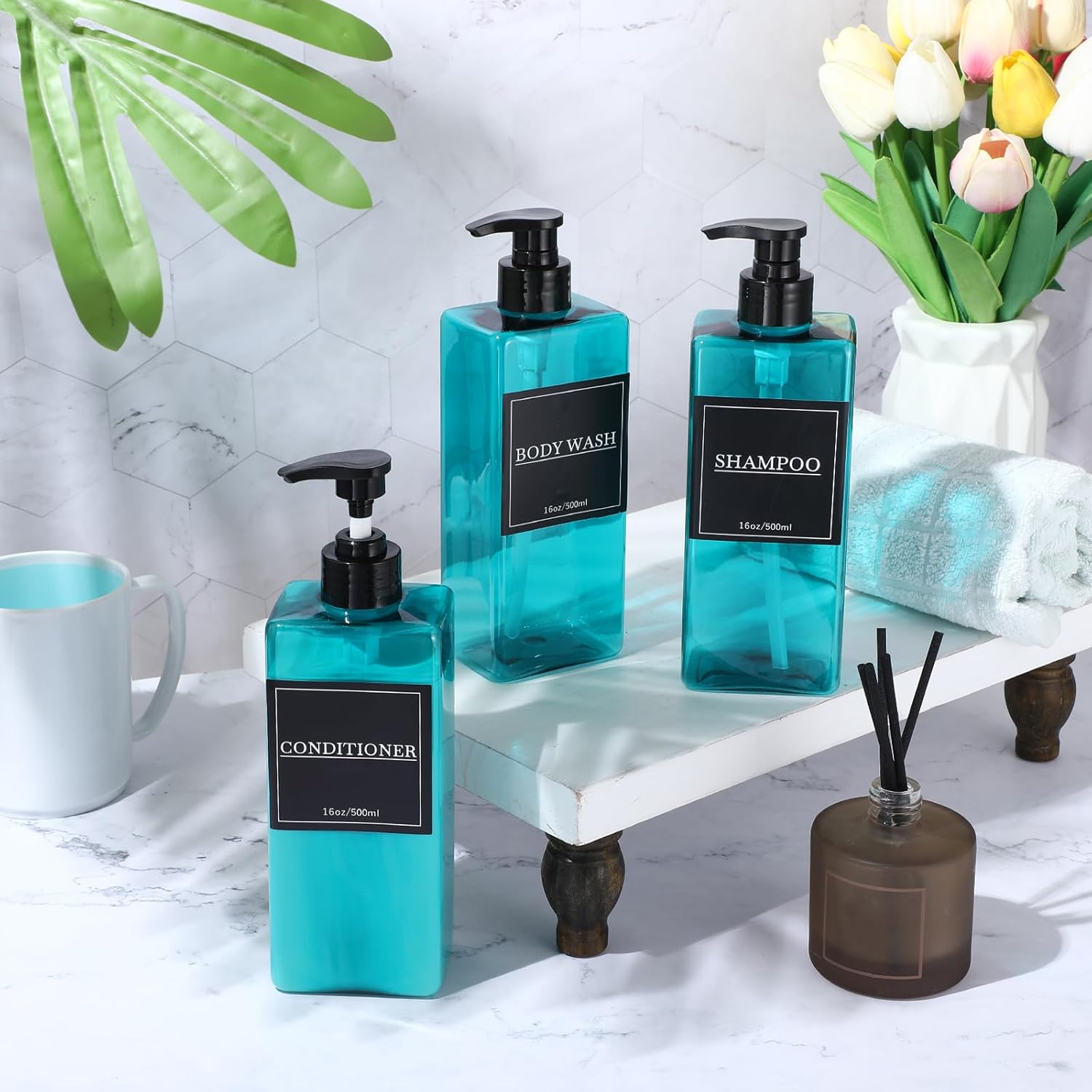 Tanlade 6 Pieces Shampoo and Conditioner Dispenser Bottles 16oz Modern Shower Soap Bottles with