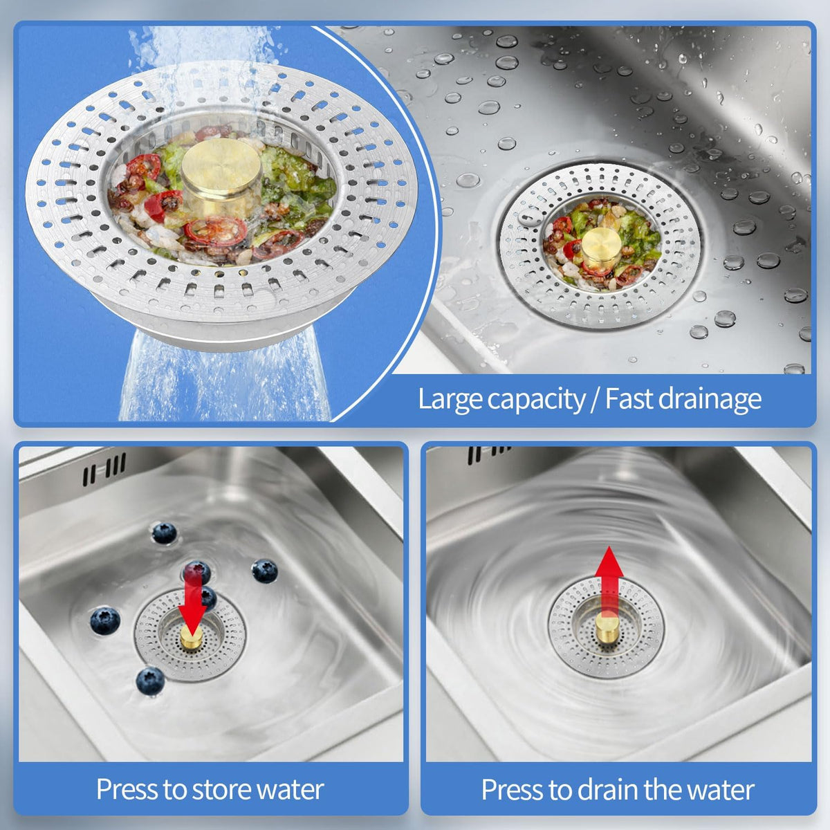 Upgraded 3 in 1 Kitchen Sink Drain Strainer - Stainless Steel Sink Stopper, Anti-Clogging Sink Food