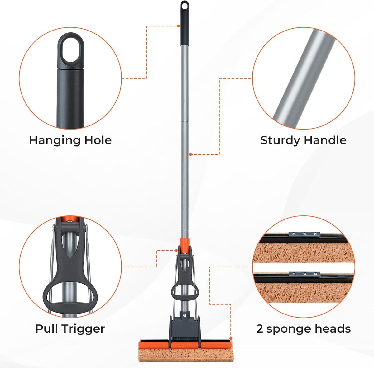 Sponge Mops for Floor Cleaning with 2 Cellulose Mop Head Refills and 55” Long Handle, Heavy Duty