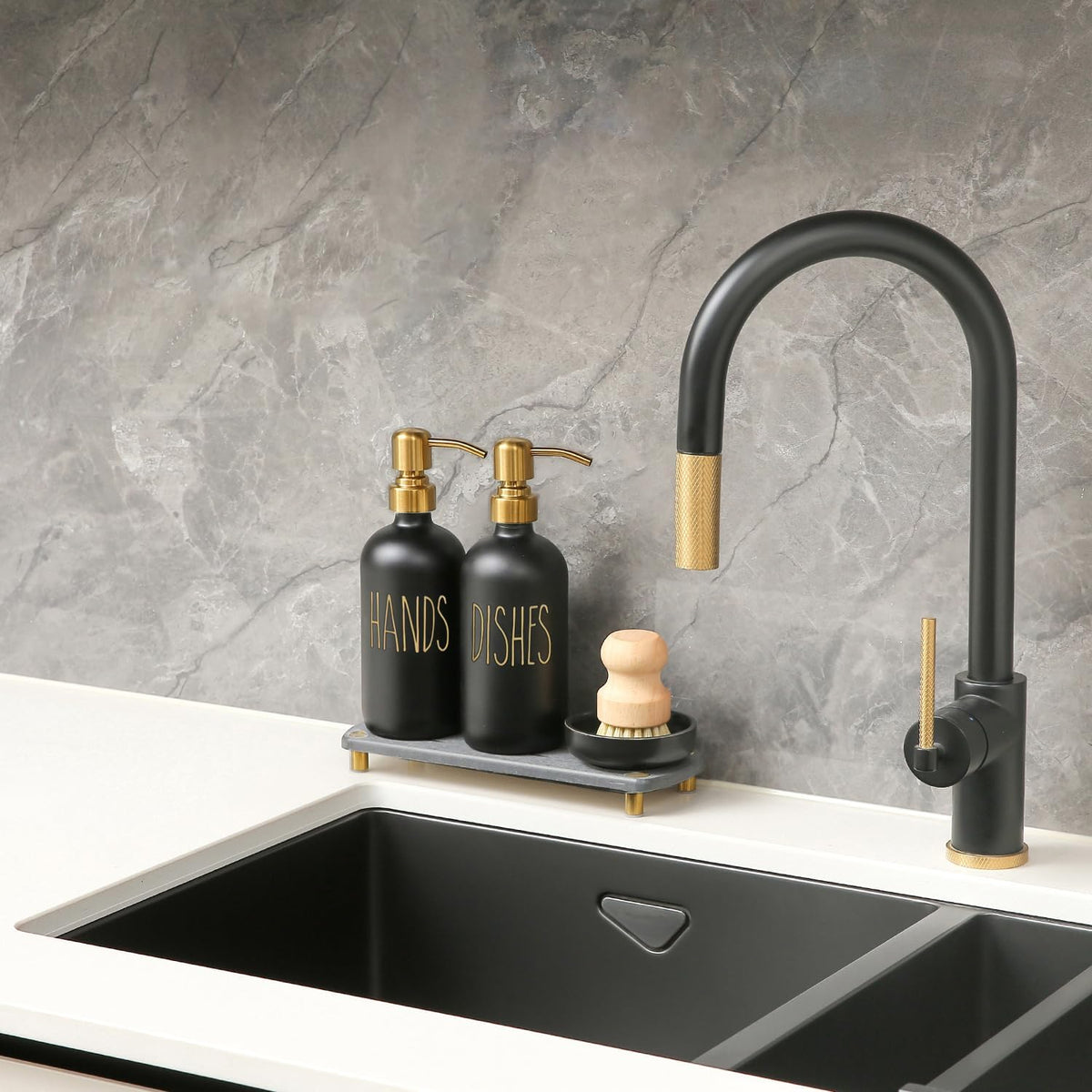MOMEEMO Soap Dispenser Set Comes with Stainless Pumps, Instant Dry Tray, and Dish Scrub Brush