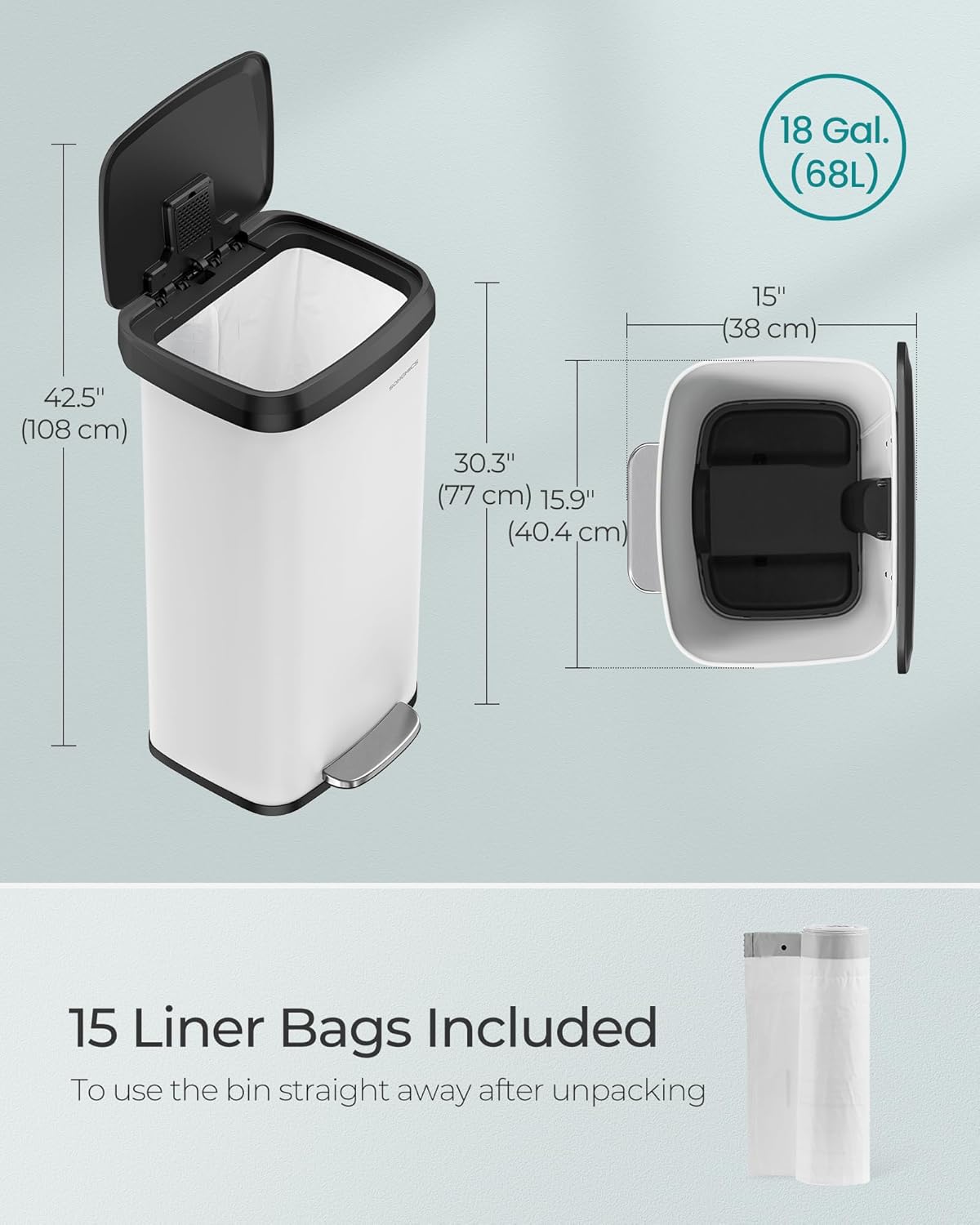 SONGMICS Kitchen Trash Can, 18-Gallon Stainless Steel Garbage Can, with Stay-Open Lid and Step-on