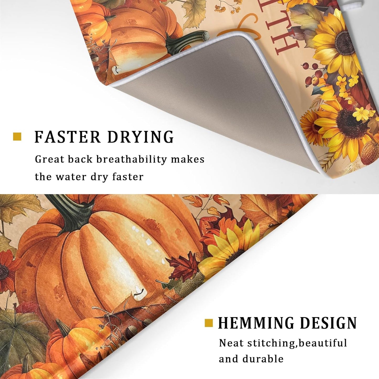 Fall Pumpkin Sunflower Dish Drying Mat 18”x24” Faith Family Fall Drying Mat for Kitchen Counter