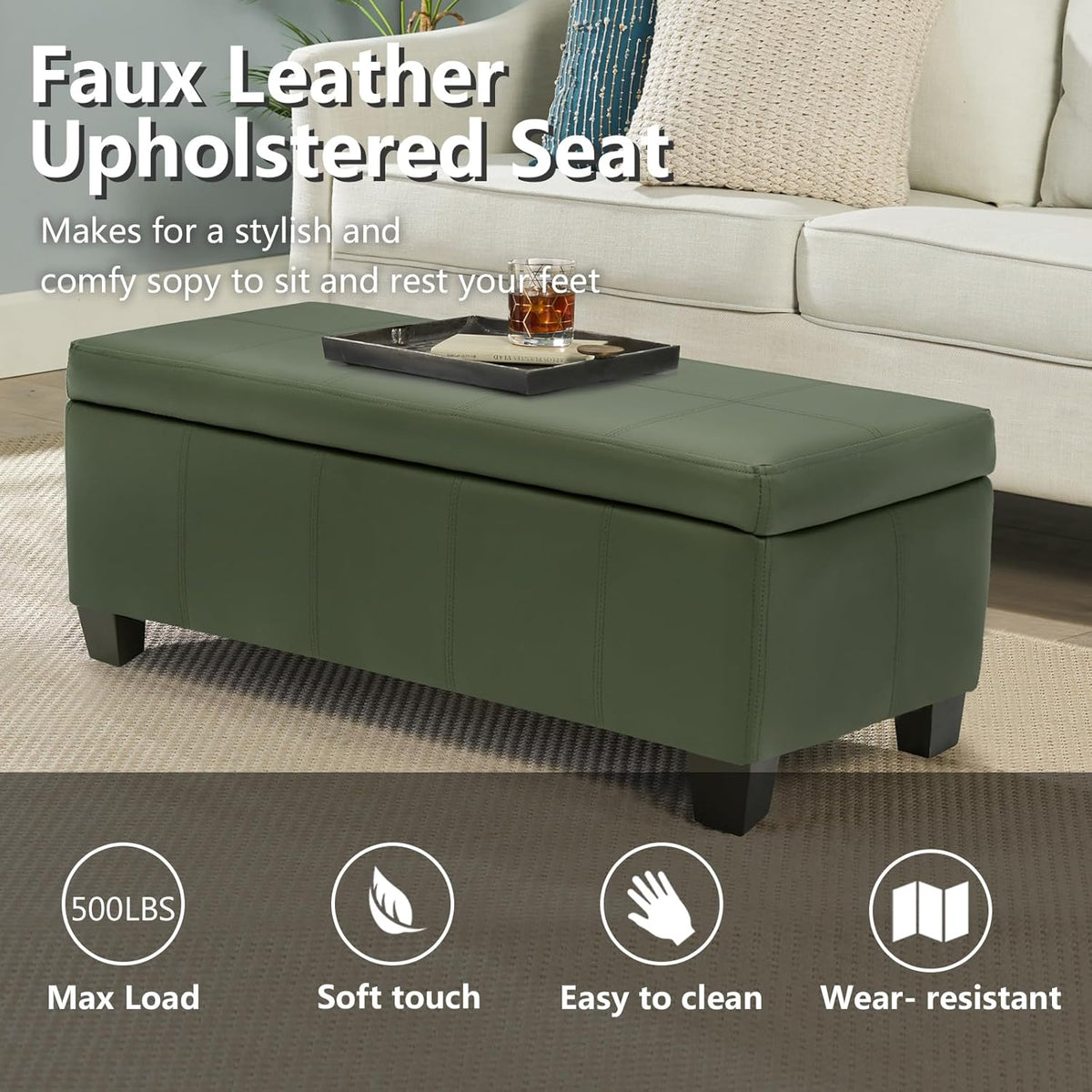 Teal Faux Leather Ottoman with Storage, Rectangular Extra Long Storage Bench for Bedroom and Living