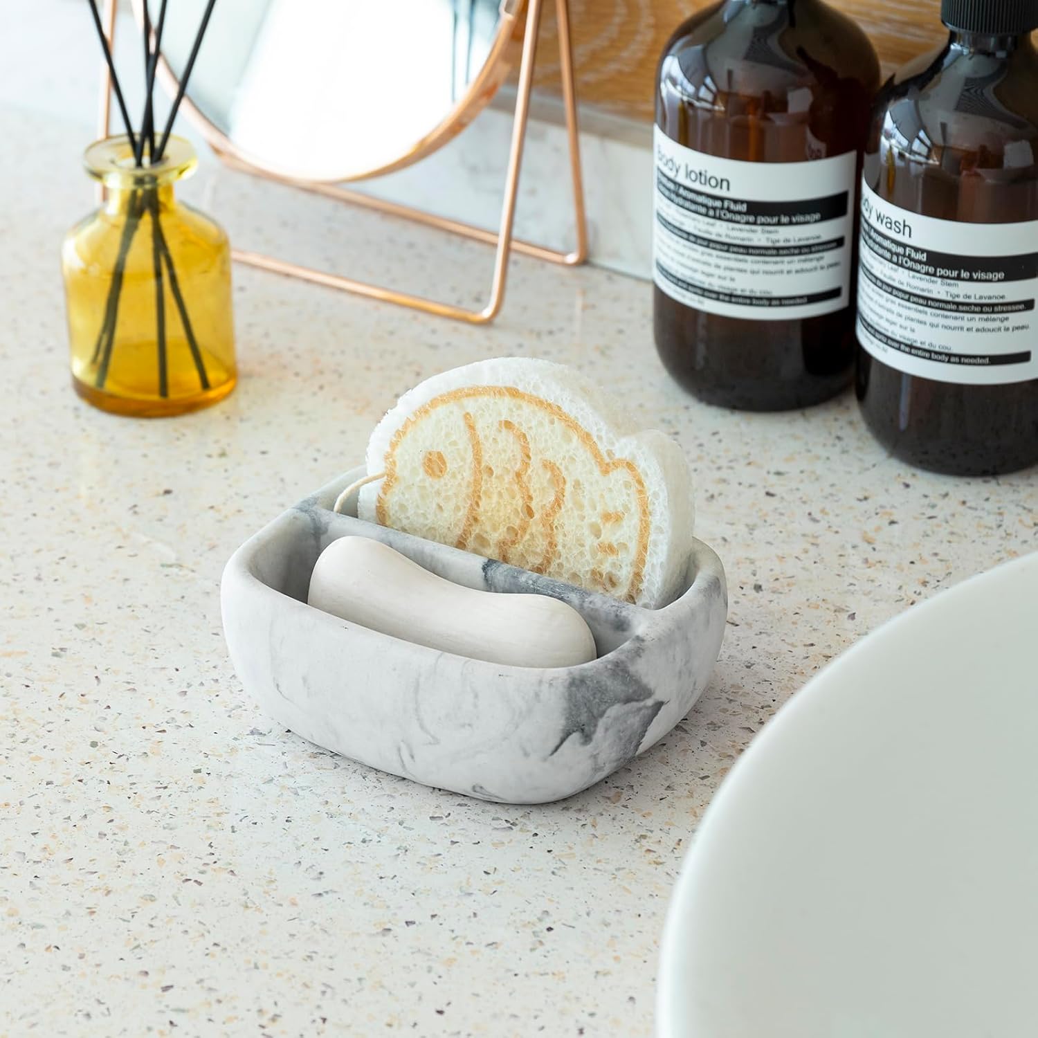 MyGift Modern White Resin Sponge Holder for Kitchen Sink, Countertop Dish Sponge Holder with 2
