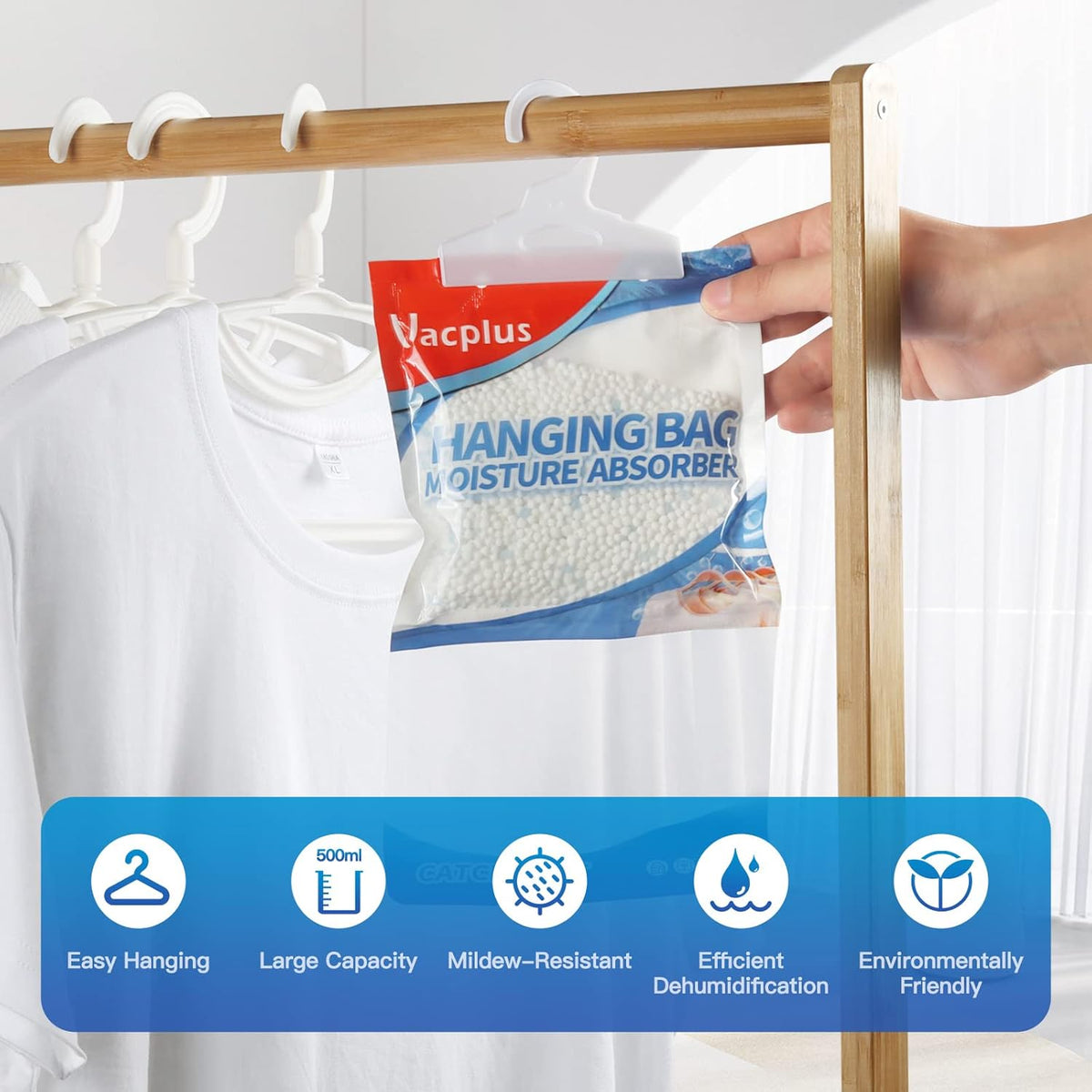 Vacplus Moisture Absorbers, Hanging Closet Dehumidifier Bags, Humidity Packs, Desiccant, Closet