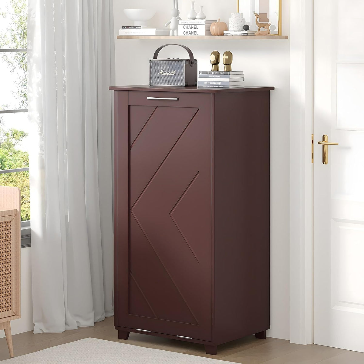 VECELO Tilt Out Kitchen Trash Bin Cabinet, Dog Proof Garbage Can with Wood Holder Free Standing