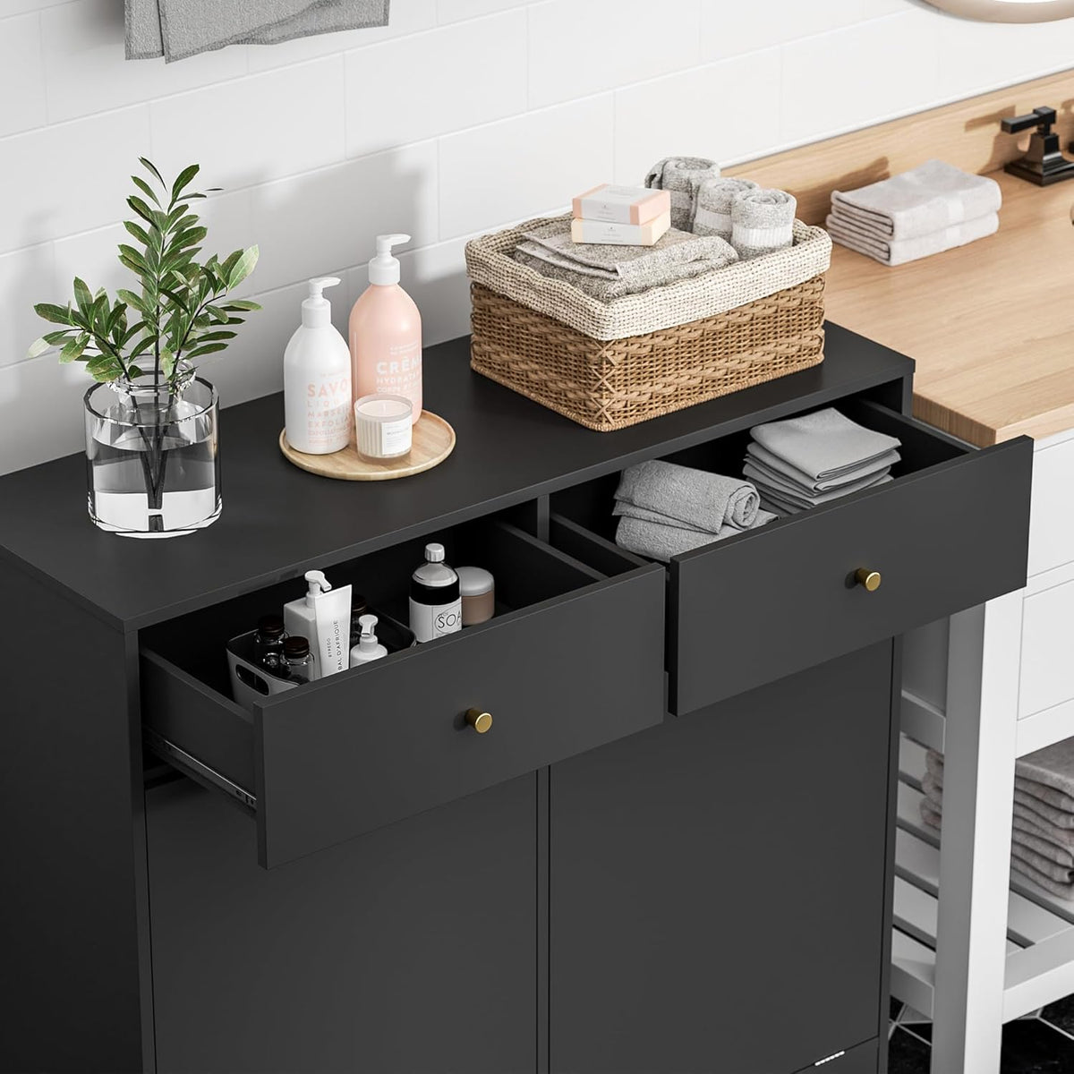 Double Tilt Out Trash Can Cabinet, Trash Storage Cabinet with 2 Drawers, Hidden Garbage Bin, Free