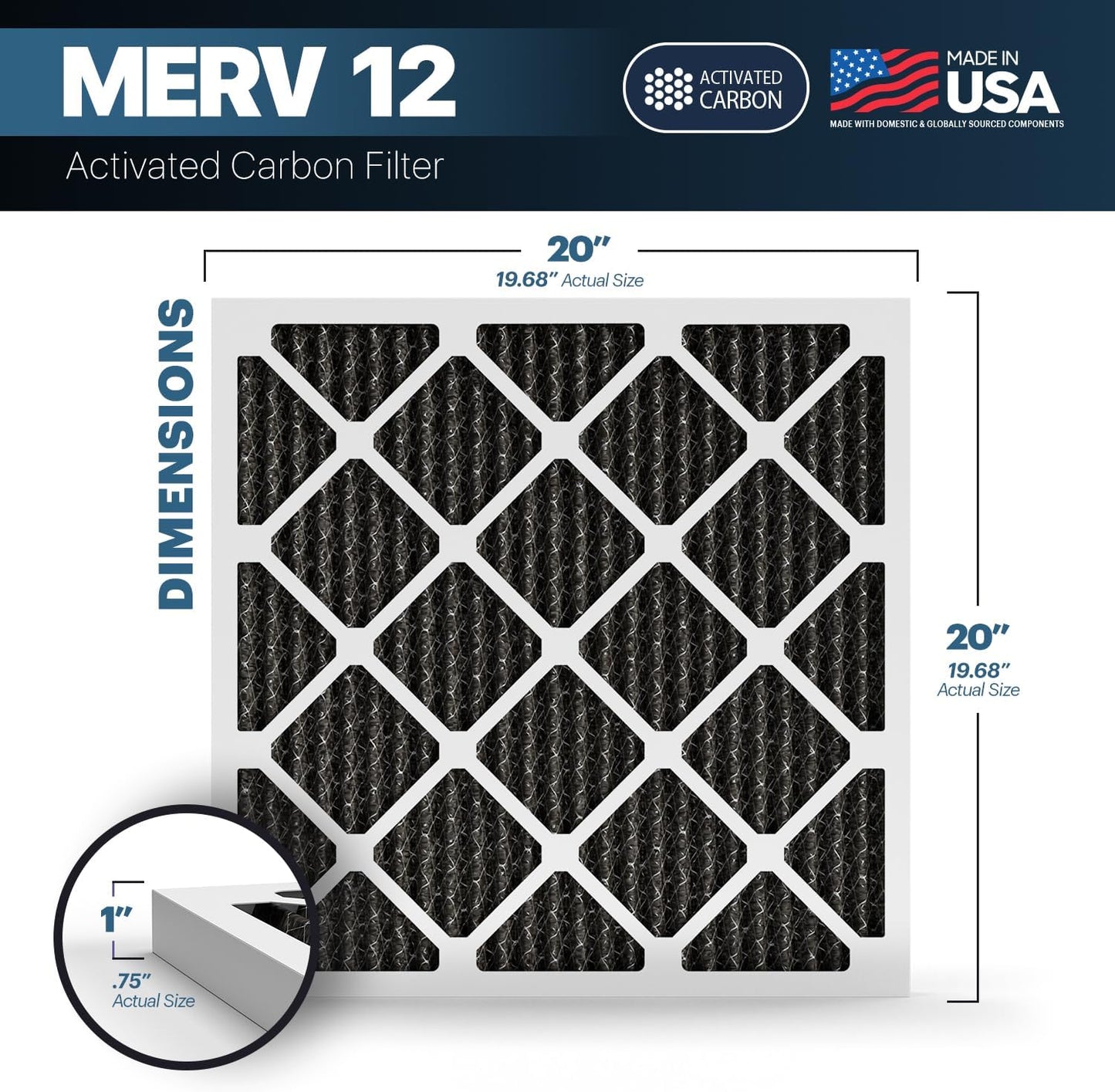 BNX TruFilter 20x20x1 MERV 12 Odor Defense (2-Pack) AC Furnace Air Filter with Activated Carbon
