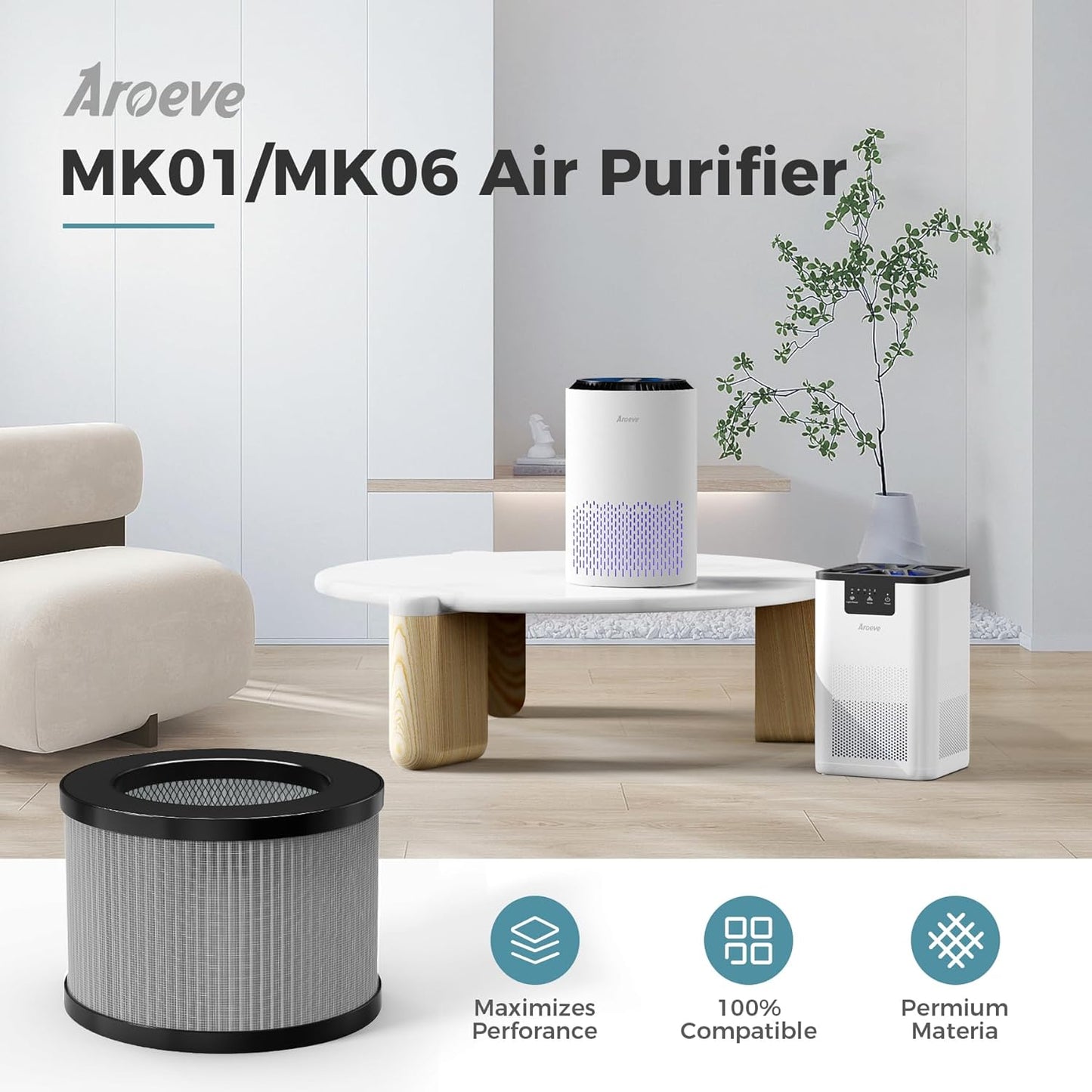 AROEVE MK01&MK06 Air Purifier Replacement Filter, Smoke Remove Material 4 -in-1 with Activated