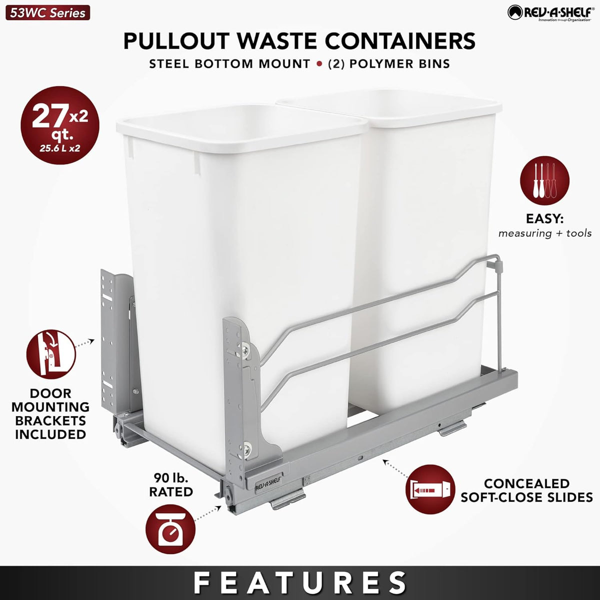 Rev-A-Shelf Double Pull-Out Trash Can for Under Kitchen Cabinets 27 Quart 12.5 Gallon with