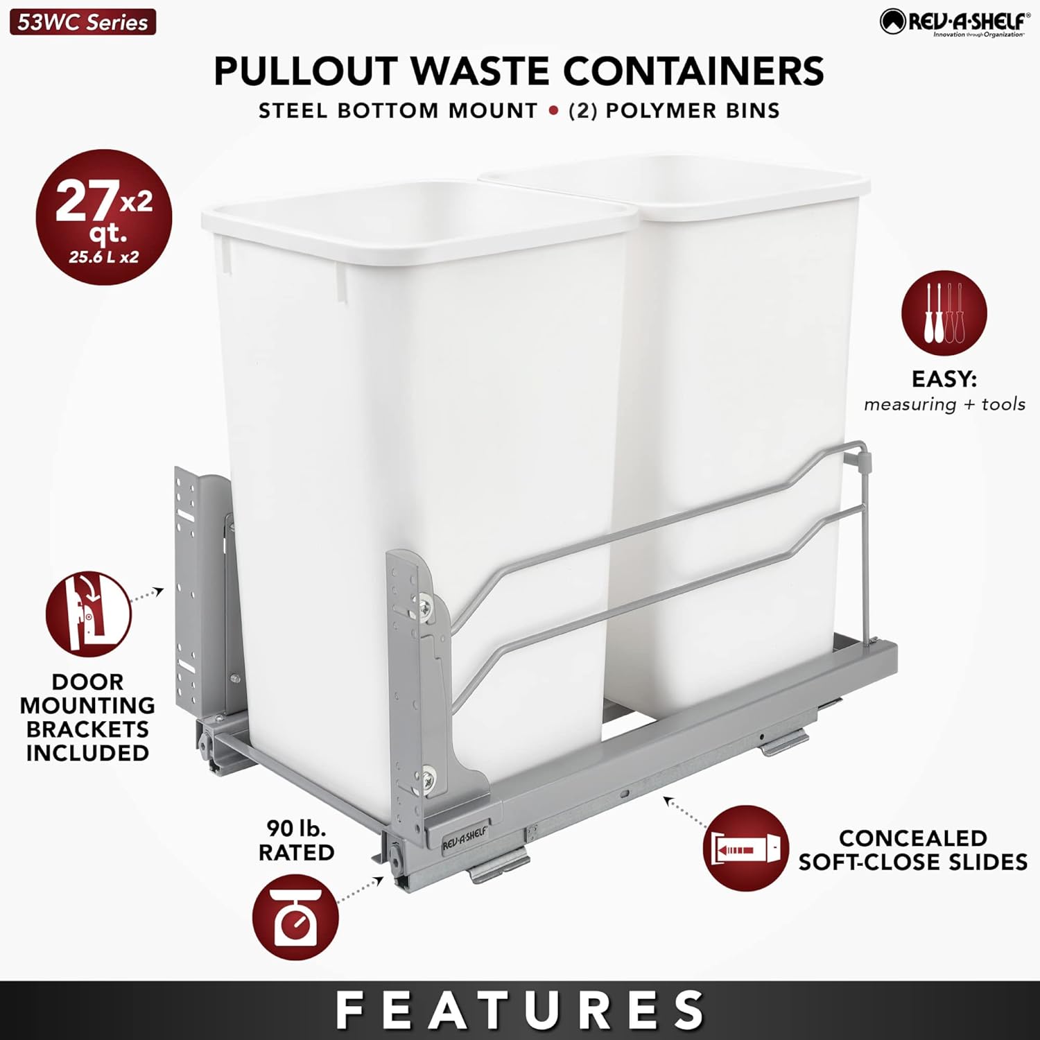 Rev-A-Shelf Double Pull-Out Trash Can for Under Kitchen Cabinets 27 Quart 12.5 Gallon with