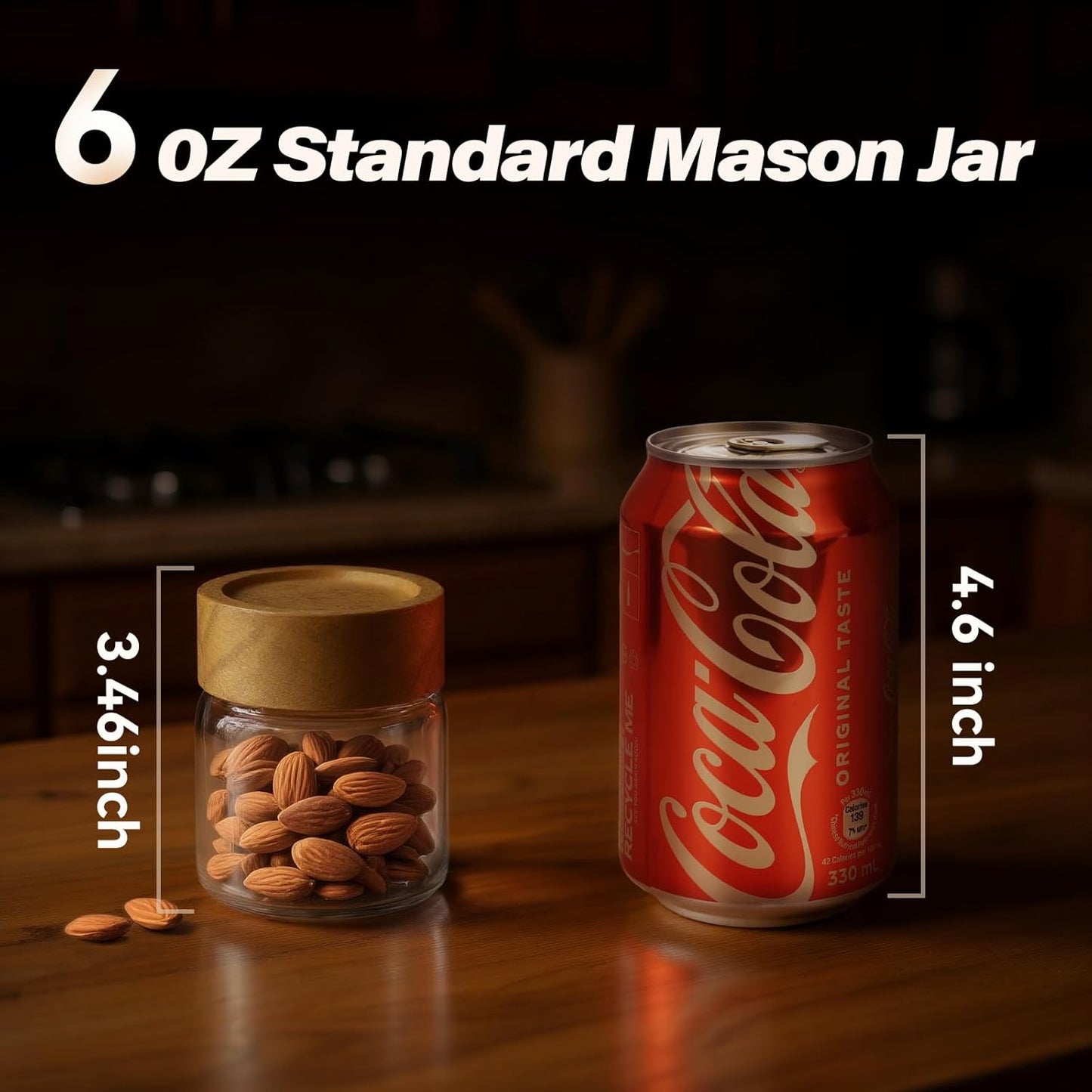 6-Pack 6 oz Airtight Food Sealed Jars with Acacia Wood Lids - Glass Meal Prep Containers for