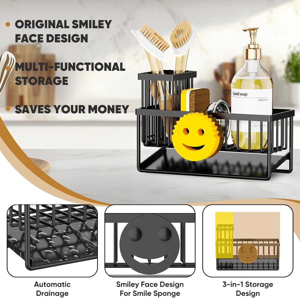 Sponge Holder for Kitchen Sink,Smiley Face Sink Caddy with Removable Brush Holder,Self-Draining