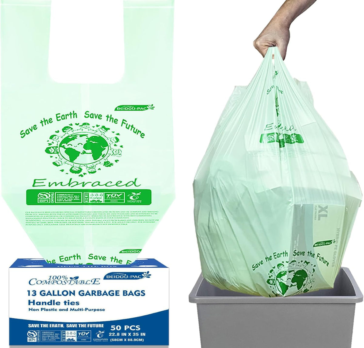 13 Gallon Compostable Tall Kitchen Trash Bags with Handle, 50 Count, Sturdy Biodegradable Garbage