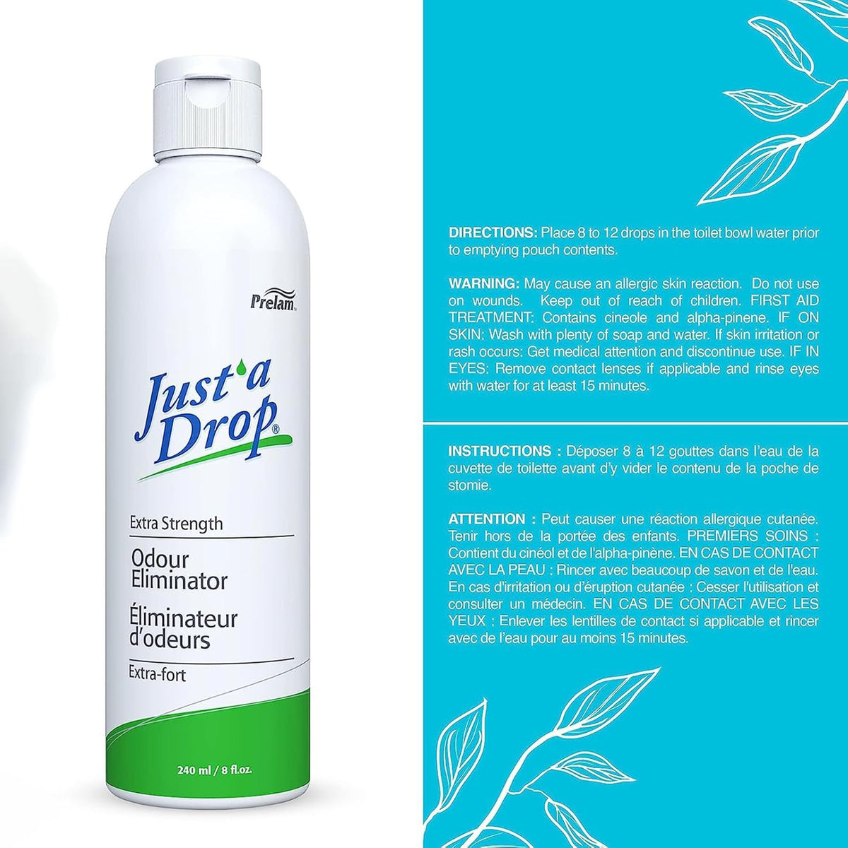 Prelam Just a Drop Odor Eliminator - Long-Lasting and Eco-Friendly Formula - Leaves Bathroom