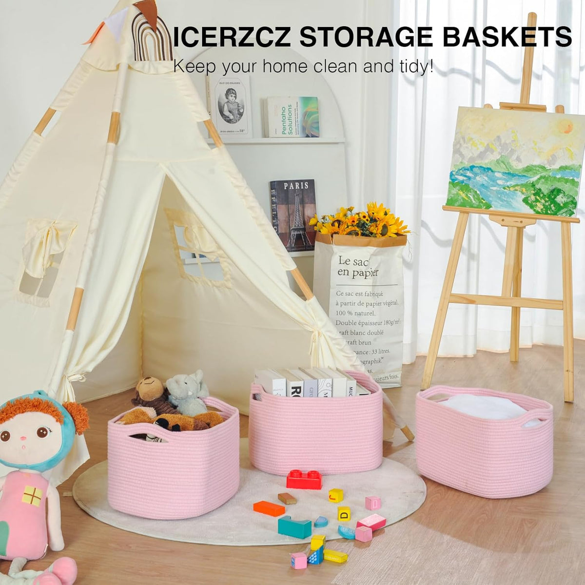 Storage Baskets for Organizing Shelves, Pink Basket for Nursery, Woven Cotton Rope Baskets for