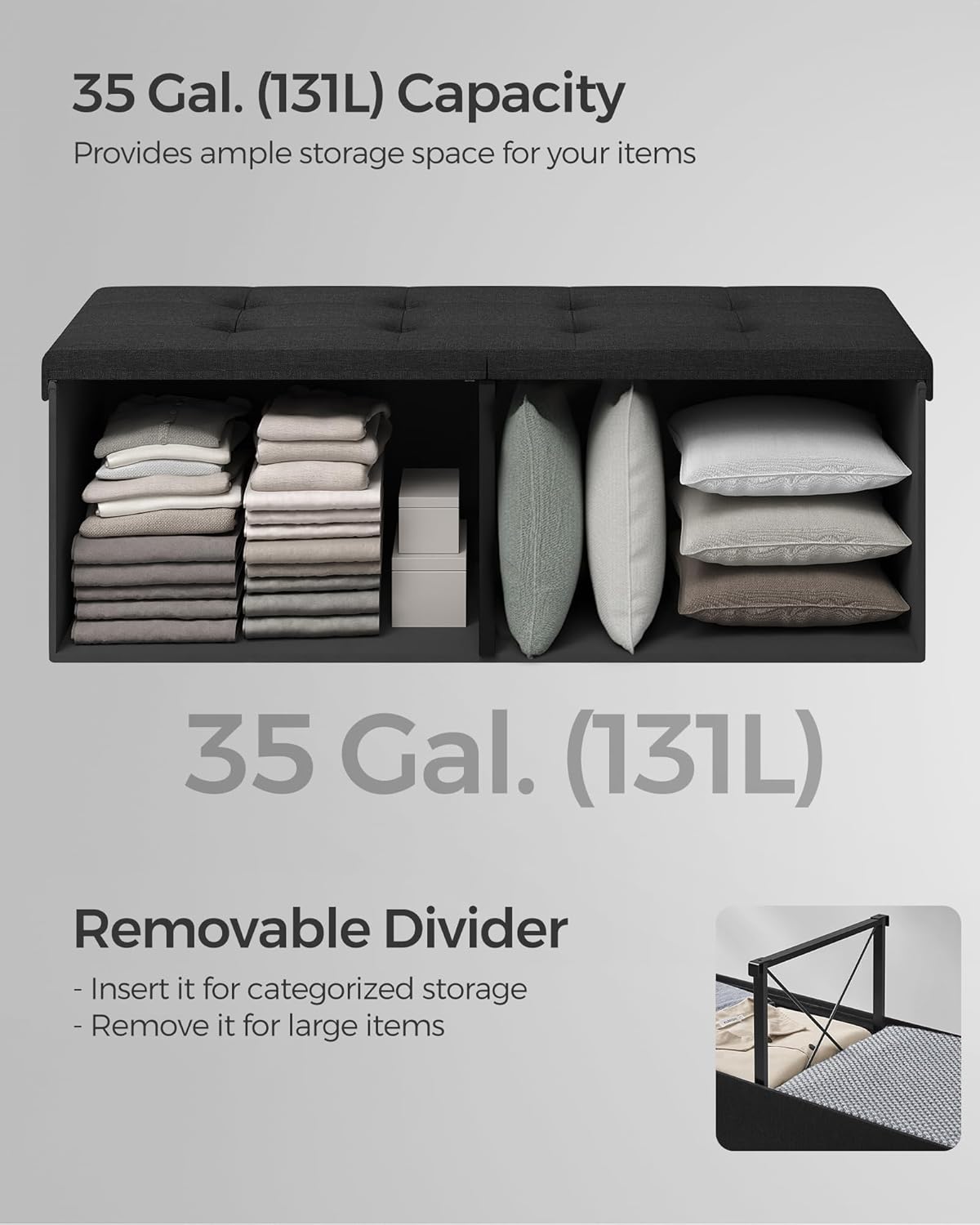 SONGMICS Mazie Collection - 43 Inches Storage Ottoman, Foldable Storage Bench with Flipping Lid