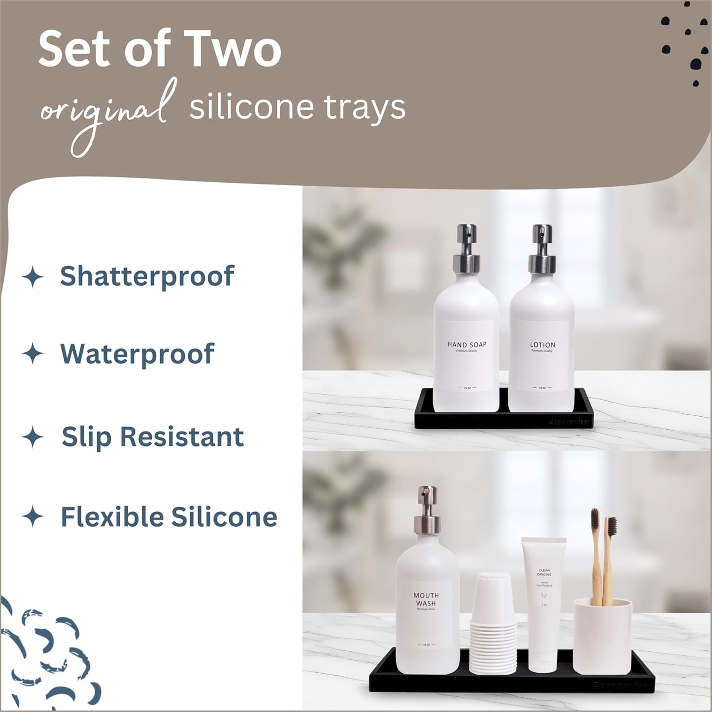 Countertop and Vanity Tray - 2 PC (11” and 7”) Shatterproof Silicone Kitchen and Bathroom Trays for