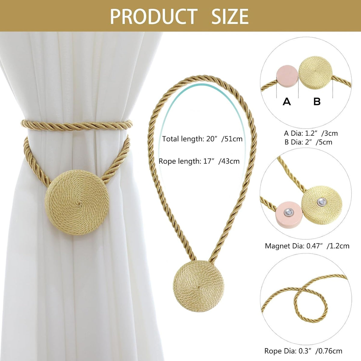 Magnetic Curtain Tiebacks - 12mm Magnetic Tie Backs for Curtains, Heavy Duty No Drill Curtain
