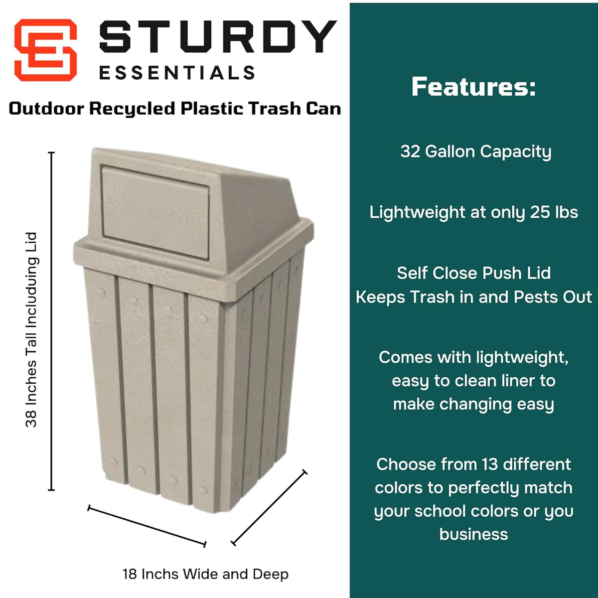 32 Gallon Square Slatted 100% Recycled Plastic Heavy-Duty Commercial Outdoor and Indoor Trash Can