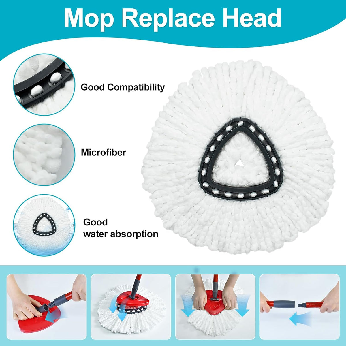 Spin Mop Replace Head, Base, Mop Handle Replacement for OCedar EasyWring 1 Tank System, Include 2