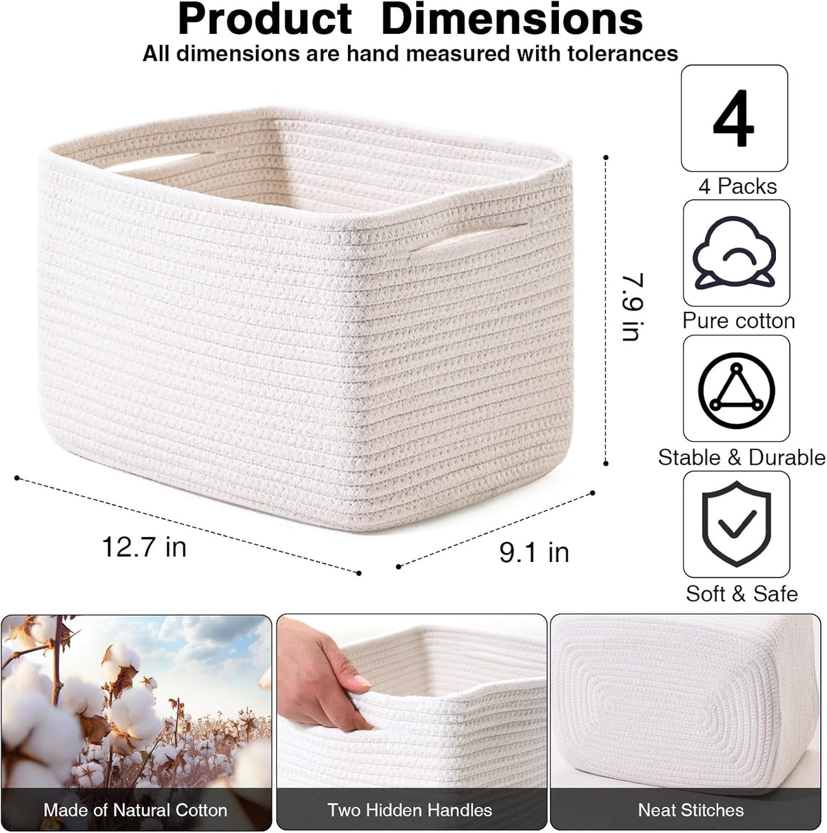 White Storage Baskets for Organizing, Woven Storage Baskets for Shelves, Cotton Rope Basket for