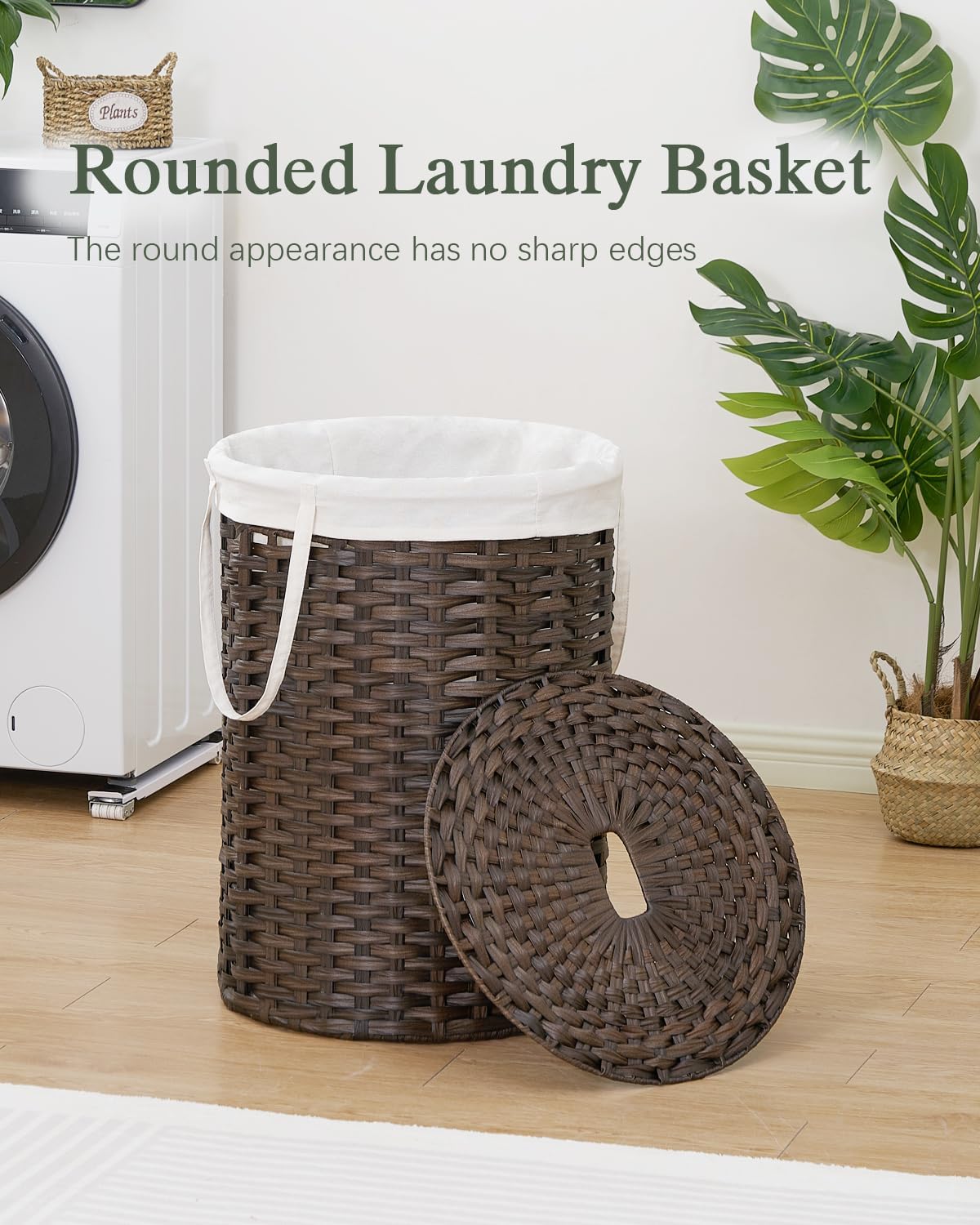 Laundry Basket with Lid Round Rattan Laundry Hamper with Lid and Handles 29.1 Gal (110 L) Handwoven