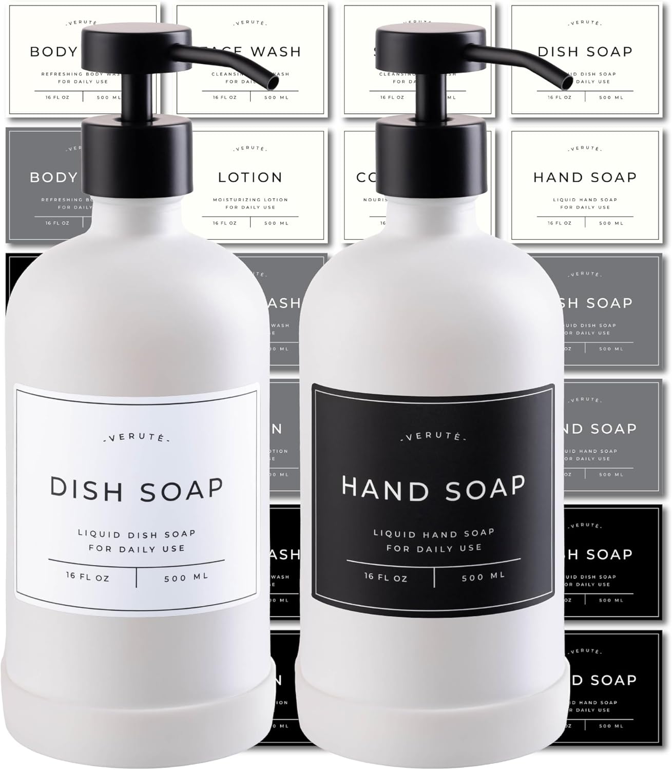16oz Glass Soap Dispenser with Stainless Steel Pump, 21 Waterproof Labels, Non-Slip Protective