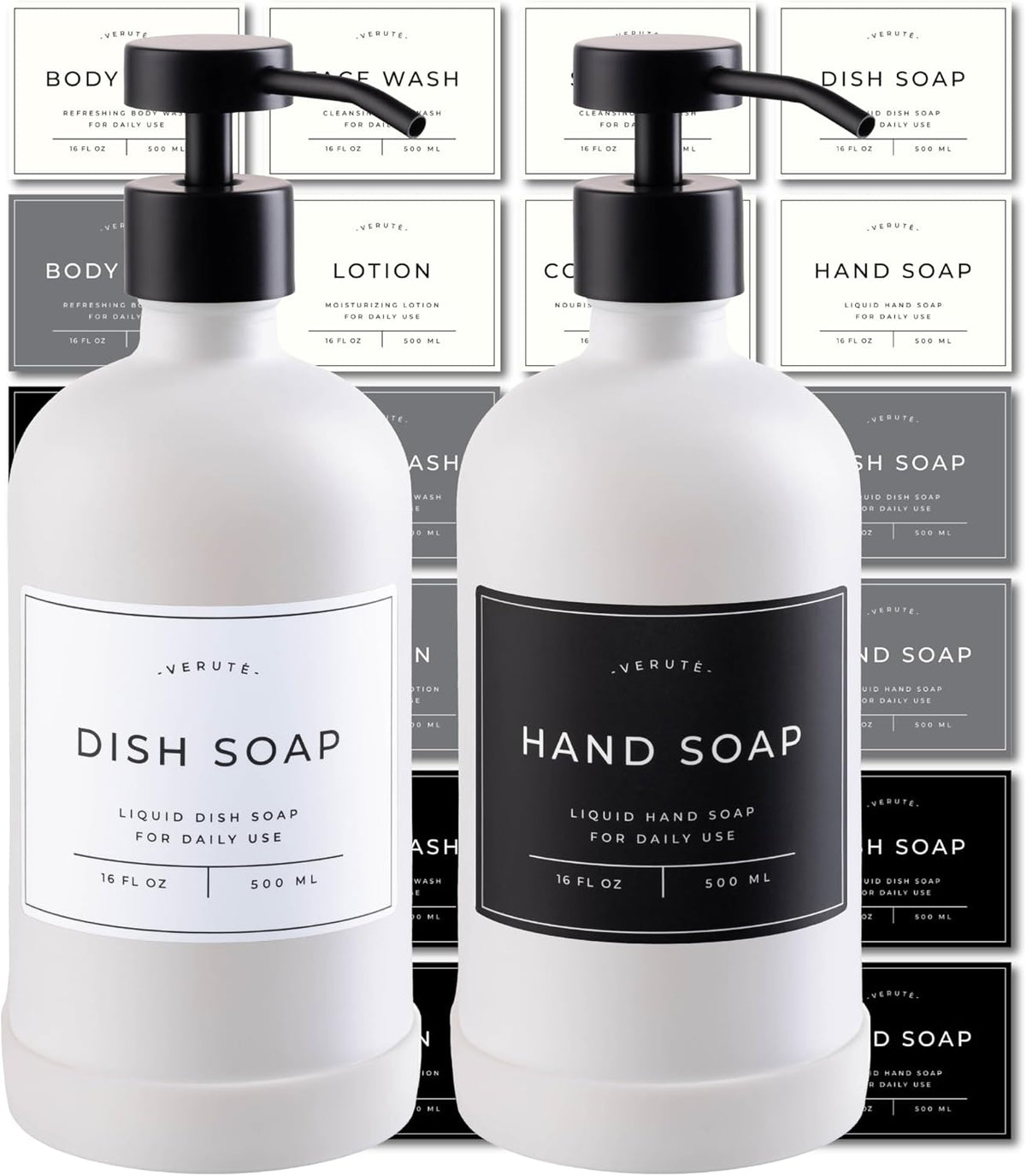 16oz Glass Soap Dispenser with Stainless Steel Pump, 21 Waterproof Labels, Non-Slip Protective