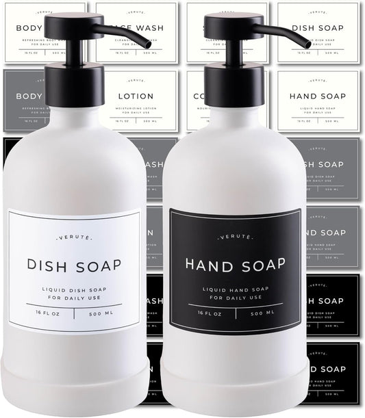 16oz Glass Soap Dispenser with Stainless Steel Pump, 21 Waterproof Labels, Non-Slip Protective