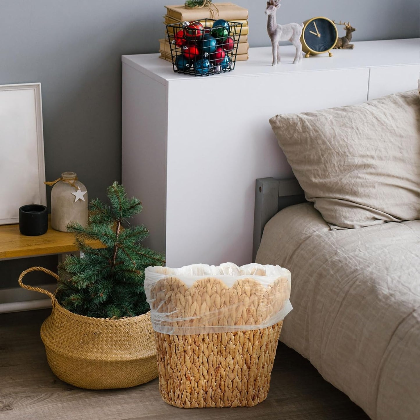 2 Pcs Wicker Trash Can with 50 Small Trash Bag Wicker Waste Woven Basket with Handles Clear Multi