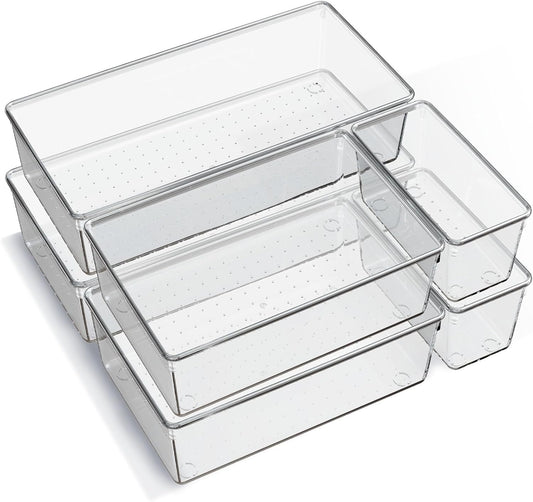 6 Pack Large Clear Plastic Drawer Organizer Trays, Acrylic Kitchen Drawer Organization and Storage