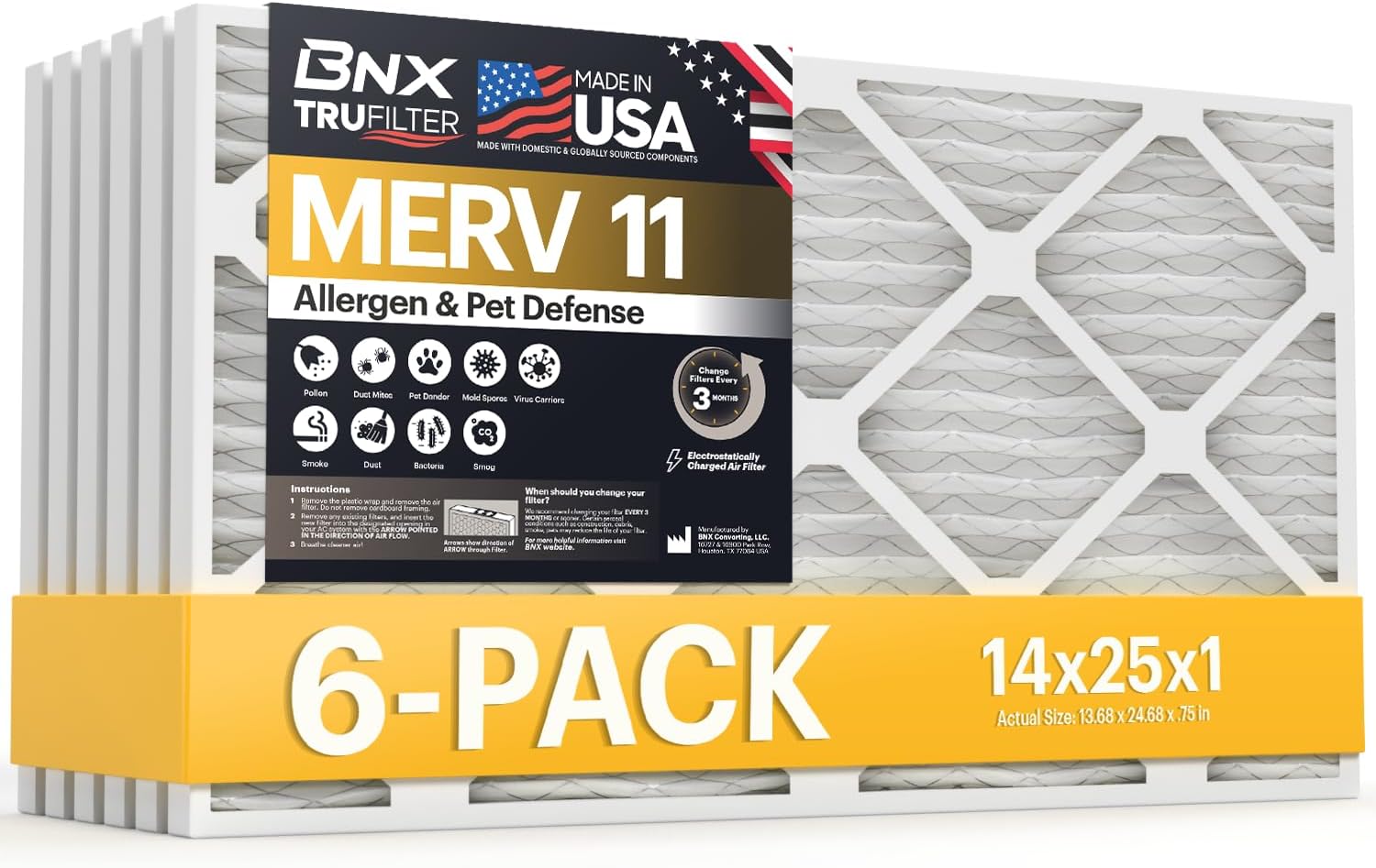 BNX TruFilter 14x25x1 Air Filter MERV 11 (6-Pack) - MADE IN USA - Allergen Defense Electrostatic