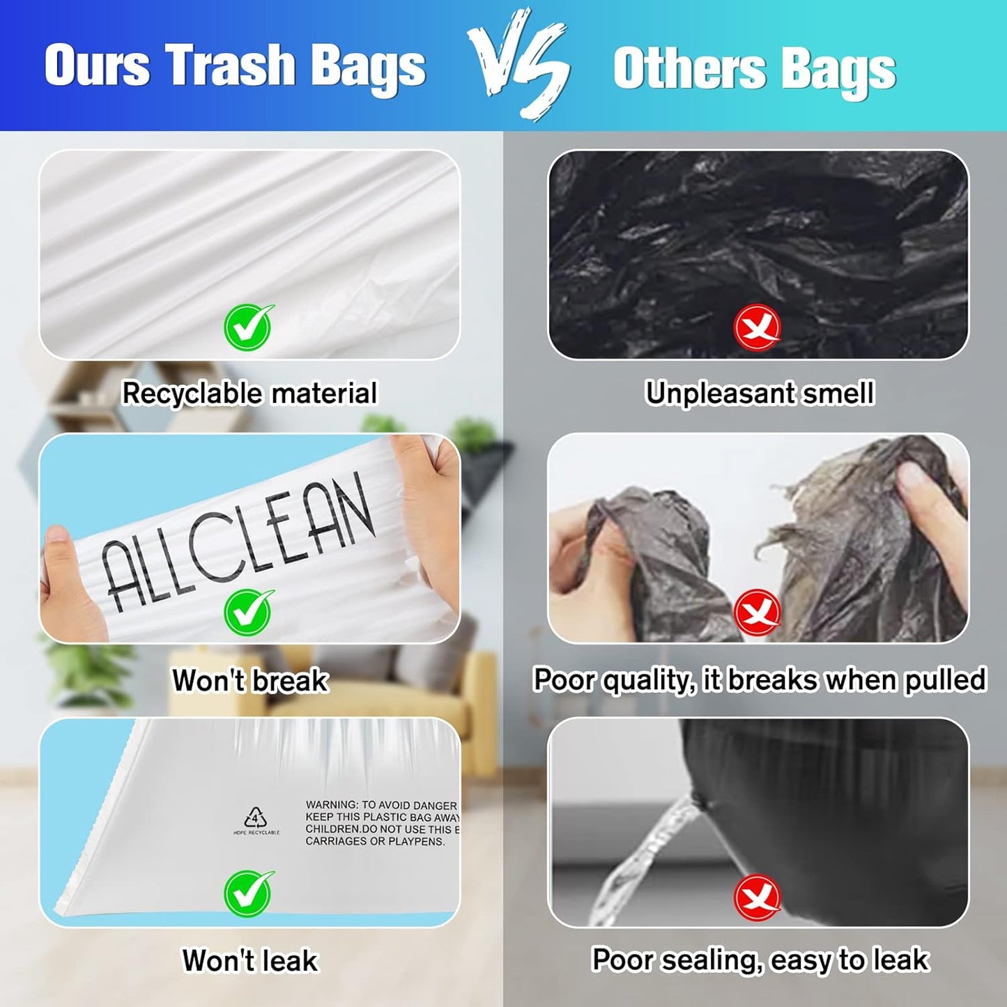 Trash Bags 10 Gallon Medium Kitchen Drawstring Bathroom Garbage Bags, Fit 8-10 Gal Bins,Extra