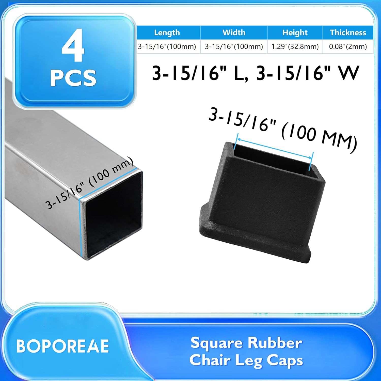 4 Pcs 4" x 4" Square Rubber Chair Leg Caps, PVC Table Leg Covers, Flexible & Anti-Slip Furniture