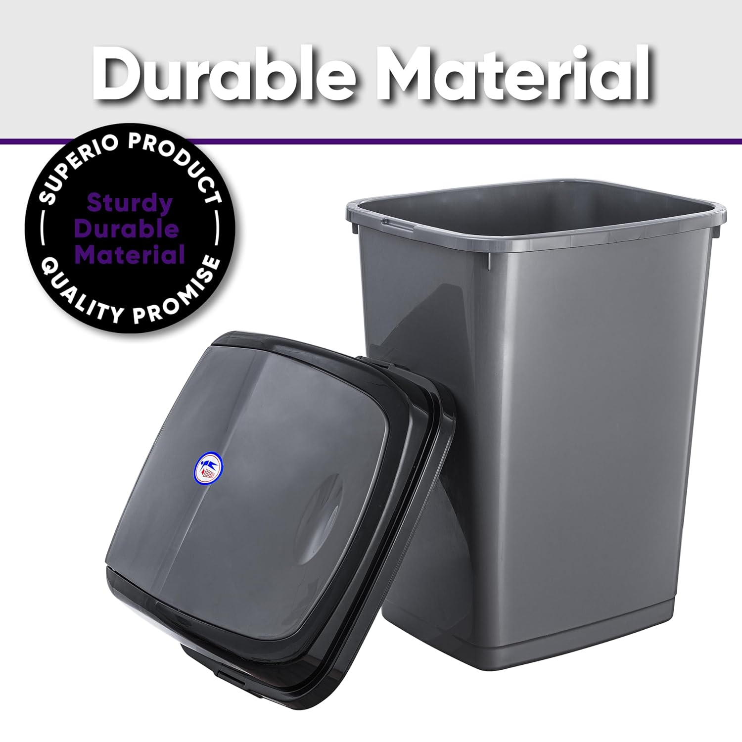 Superio Kitchen Trash Can 13 Gallon with Swing Lid, Plastic Tall Garbage Can Outdoor and Indoor