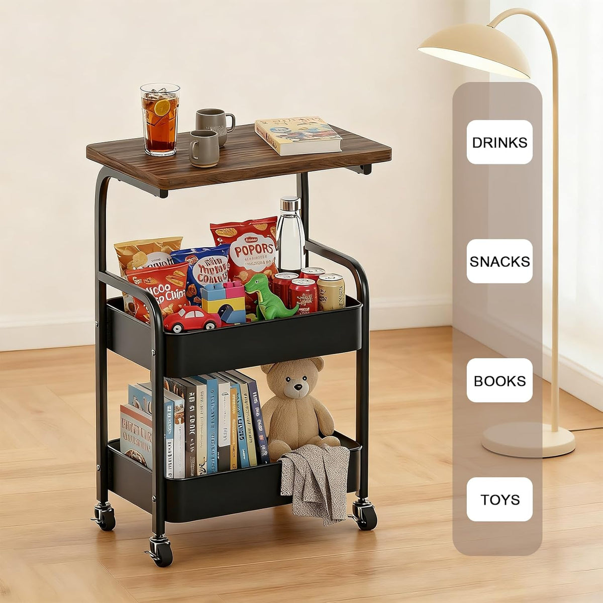 Rolling Cart with Wooden Tabletop 3-Tier Metal Utility Rolling Cart Storage Organizer with Lockable