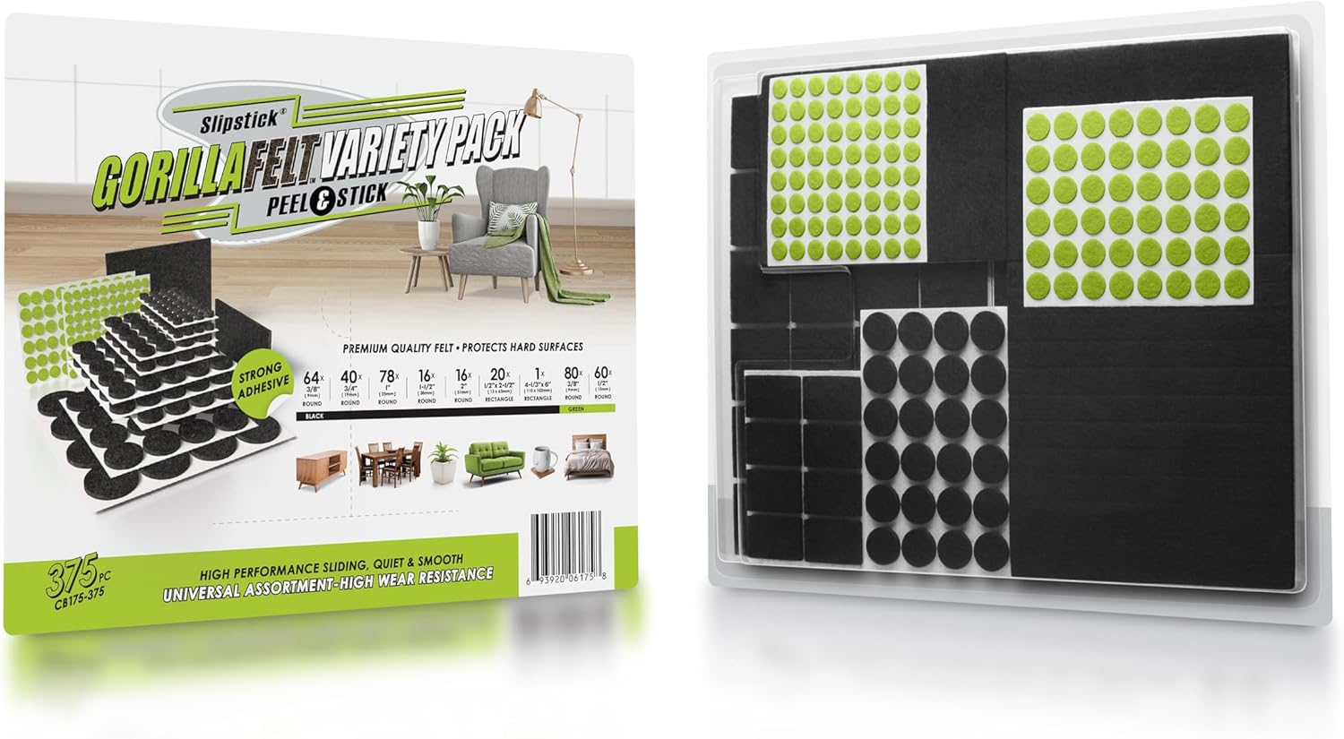 Slipstick Gorilla Felt Furniture Pads (375 Piece Variety Pack) Premium Furniture Pads & Chair Leg