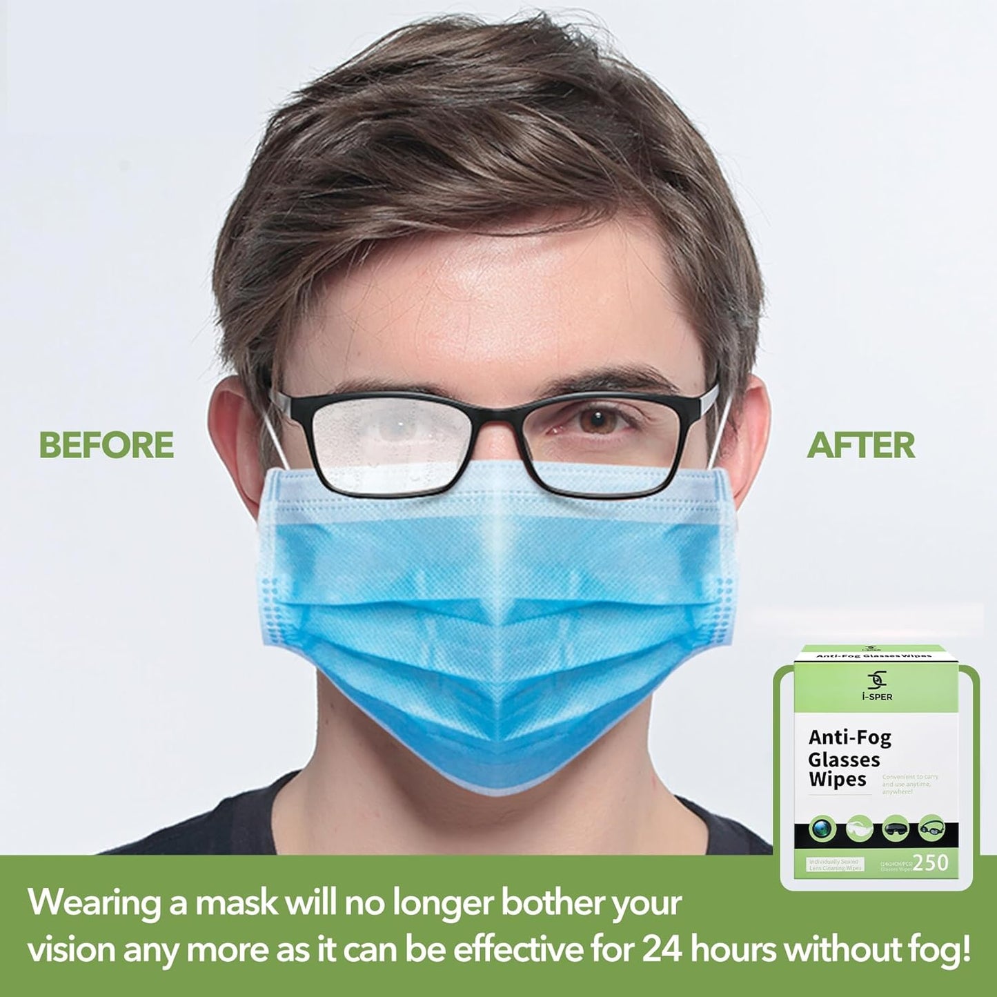 250 Count Anti Fog Lens Wipes for Eyeglasses, Pre-Moistened Individual Wrapped Glasses Wipe Lens