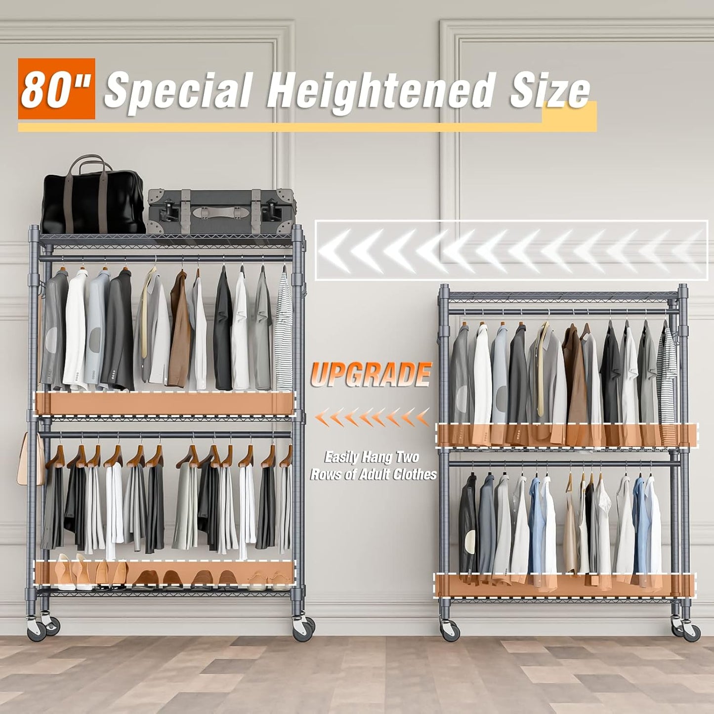 Homdox Rolling Clothes Rack Heavy Duty, 3-Tier Adjustable Wire Shelving Garment Organizer with
